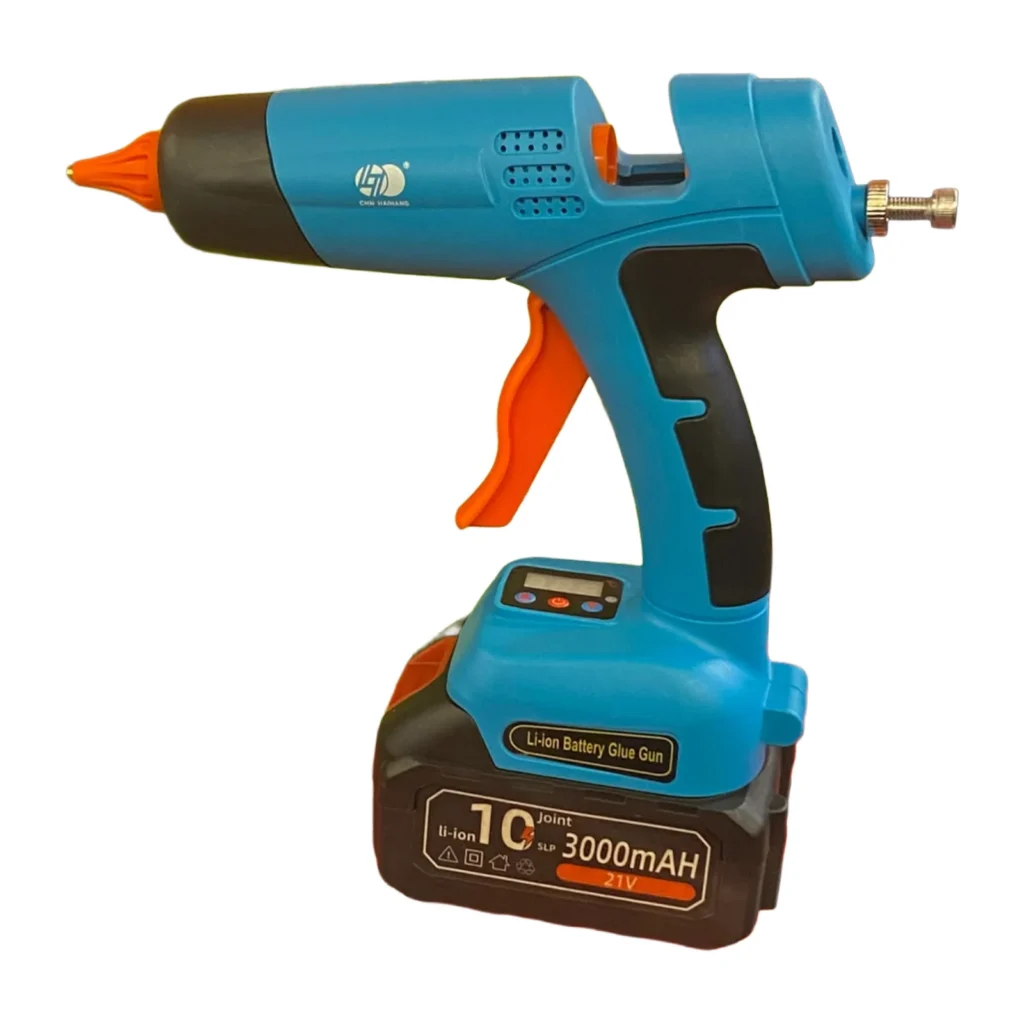 Pistoletë silikoni me bateri 21V dhe fuqi 100W, e përshtatshme për ngjitjen e materialeve të ndryshme.