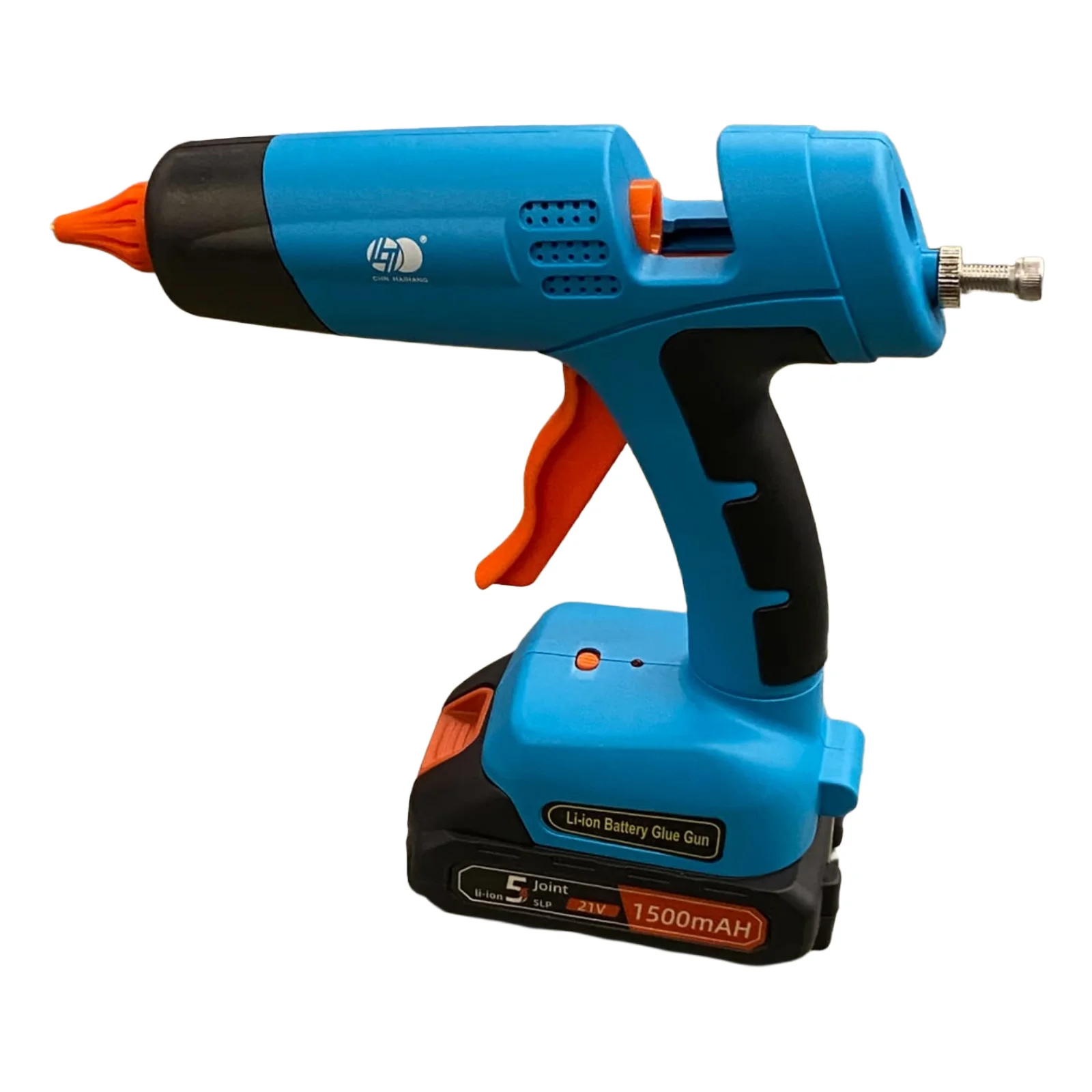Pistoletë silikoni pa kabllo me bateri 21V, fuqi 100W dhe dizajn ergonomik për punë ngjitëse.