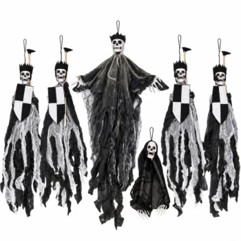 Set dekorativ për Halloween me 6 pjesë, që përfshin mbretin skelet, ushtarë me mburoja dhe figurë fantazme.
