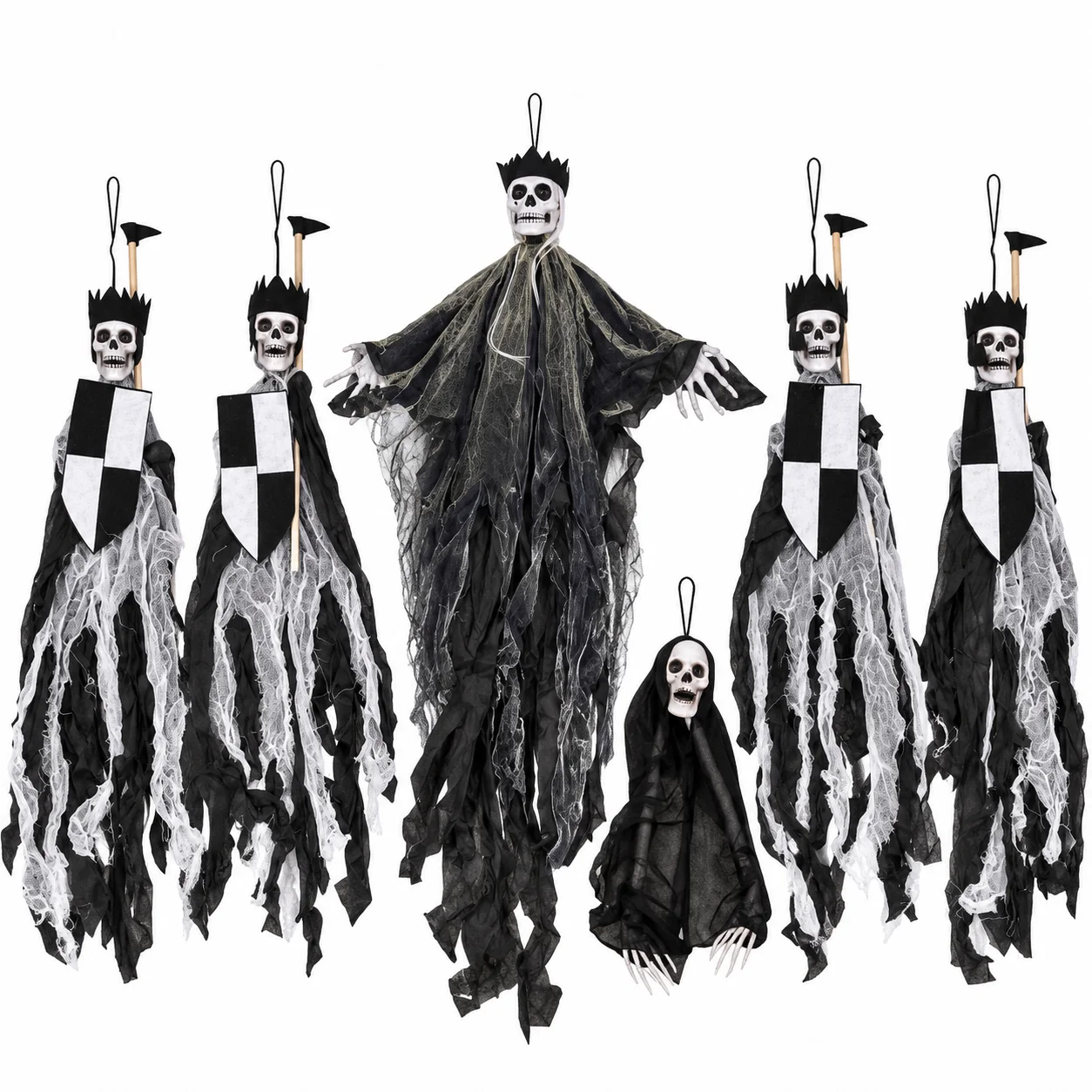 Set dekorativ për Halloween me 6 pjesë, që përfshin mbretin skelet, ushtarë me mburoja dhe figurë fantazme.