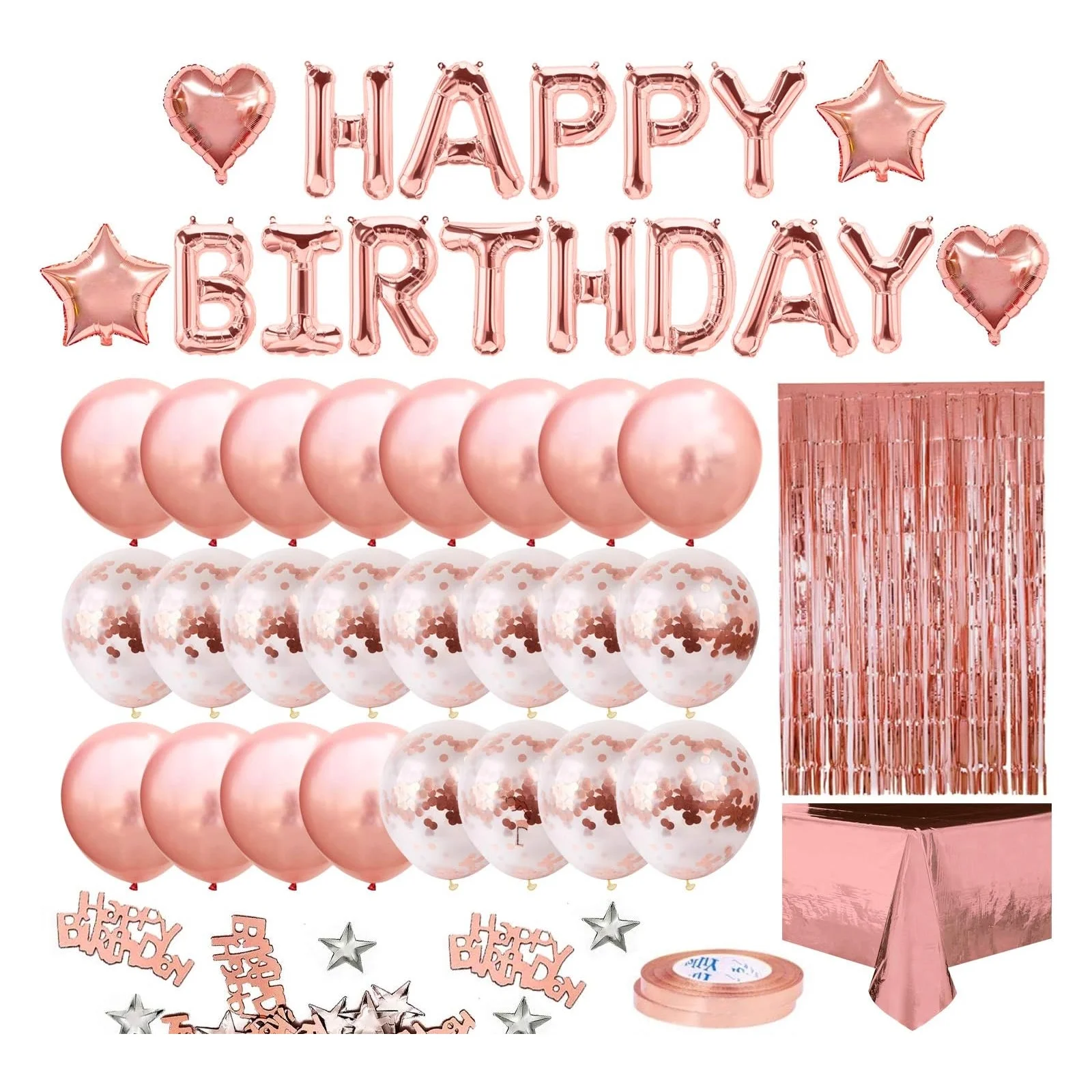 Set dekorativ për ditëlindje në ngjyrë Rose Gold, me tullumbace metalike, mbishkrim Happy Birthday, perde dekorative dhe mbulesë tavoline.