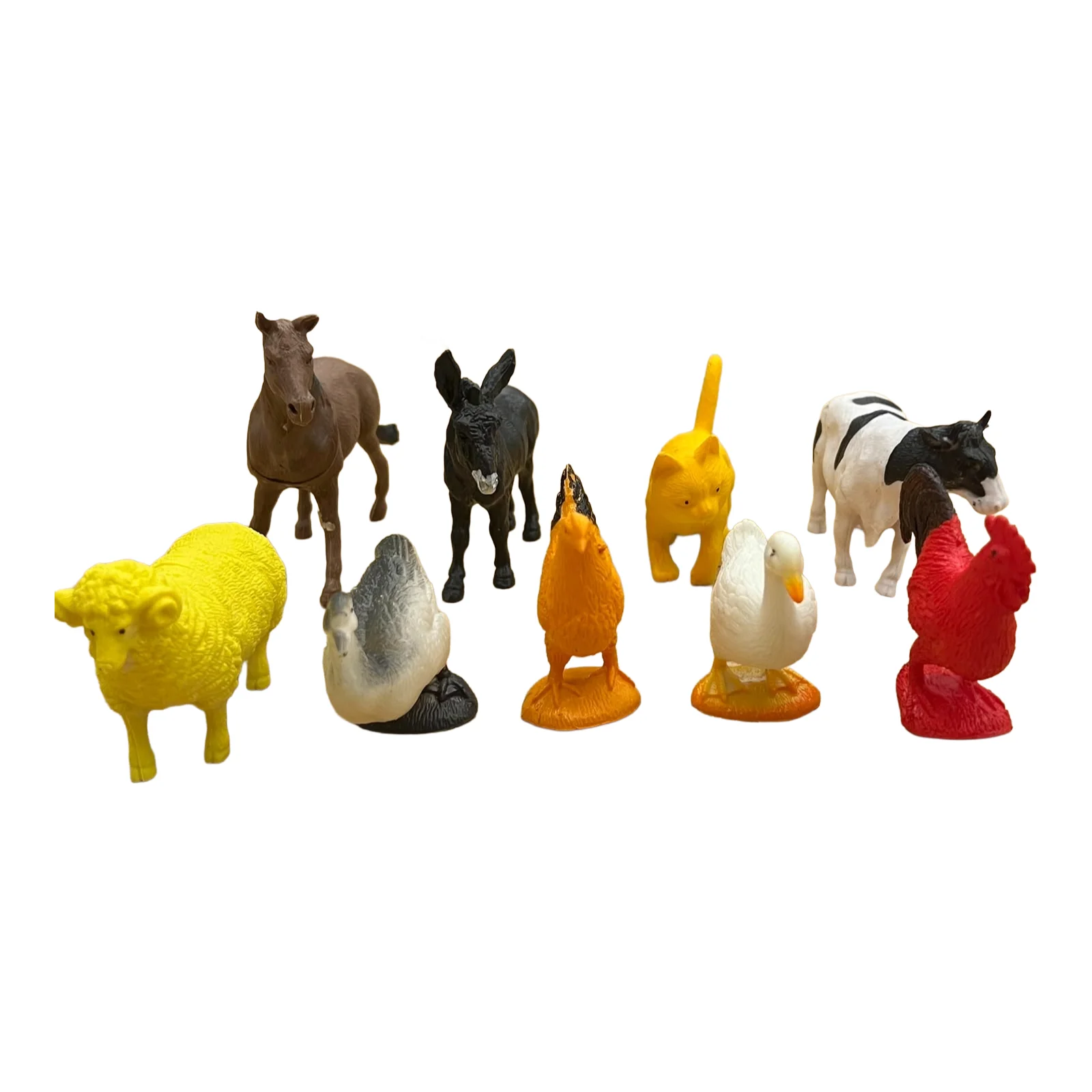 Set lodrash edukative me 9 figura kafshësh të fermës prej plastike, përfshirë kalë, gomar, lopë, dele, mace, rosë, gjel dhe pula.