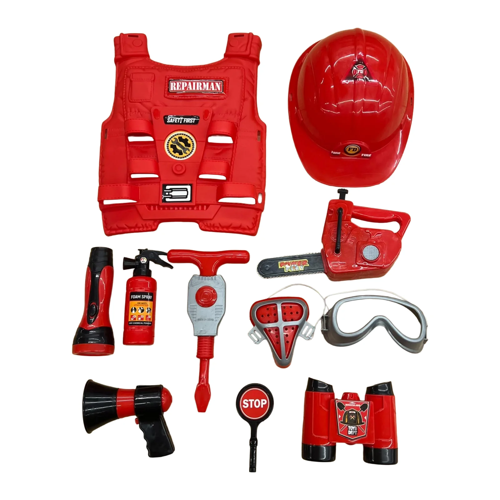 Set lodrash zjarrfikës për fëmijë me 11 pjesë, përfshin jelek, helmetë, sharrë me motor dhe aksesorë zjarrfikësi.