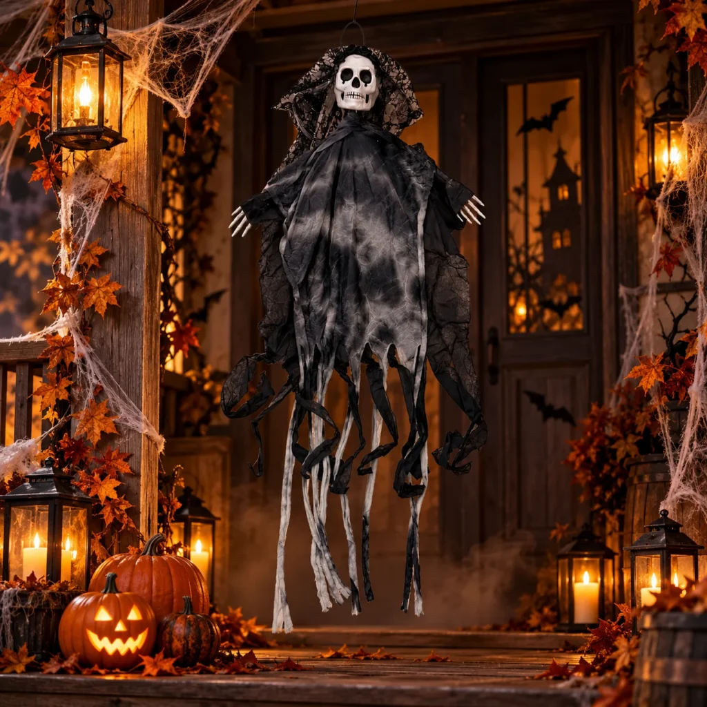 Skelet dekorativ Halloween për varje, me kafkë të bardhë, veshje të zezë dhe gri, me përmasa 47x91cm.