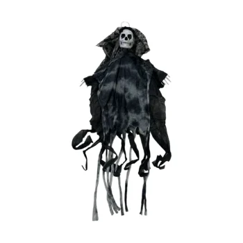 Skelet Halloween me duar skeletore, veshje të zezë dhe gri, si dhe shirita të gjatë të copëzuar në pjesën e poshtme.