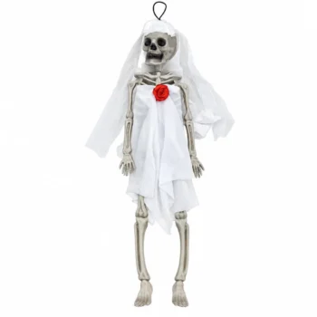 Skelet nuseje dekorativ për Halloween, me fustan dhe vello të bardhë, trëndafil të kuq dhe lidhëse për varje.