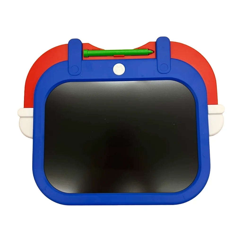 Tablet LCD për shkrim dhe vizatim me tematikë Super Mario, ekran të zi, kornizë blu dhe të kuqe, me stilolaps të integruar.