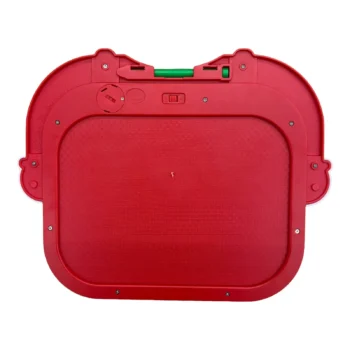 Pamja e pasme e tabletit LCD Super Mario me strukturë plastike të kuqe, çelës bllokimi Lock/Unlock dhe hapësirë për baterinë CR2025.