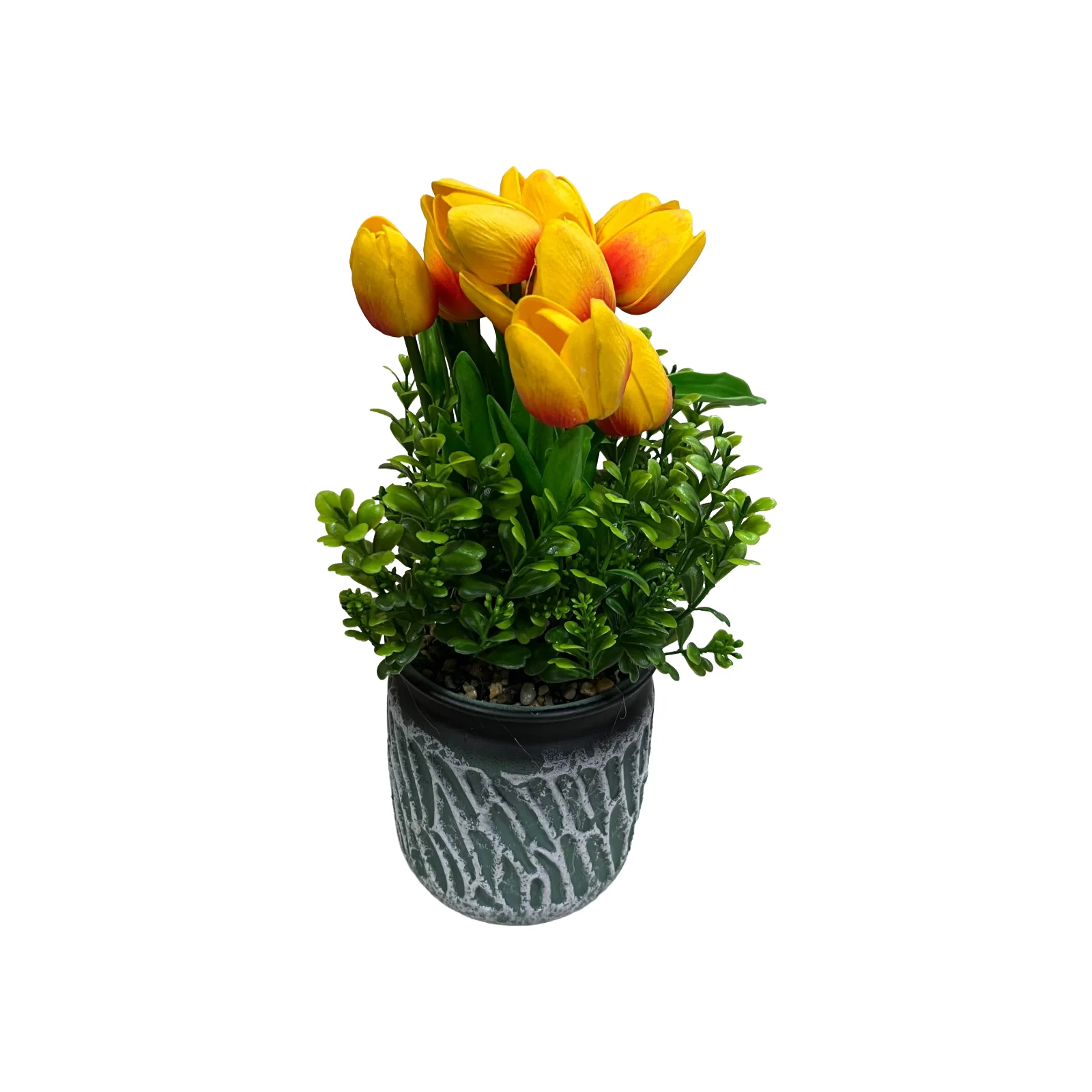 Lule tulipani artificiale në ngjyra të ndryshme, me gjethe jeshile dhe vazo qeramike me lartësi 15 cm.