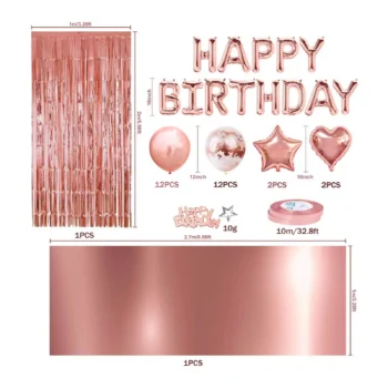 Tullumbace dekorative Rose Gold me efekt metalik dhe tullumbace transparente me konfeti, të shoqëruara me fjongo dhe aksesorë festivë.