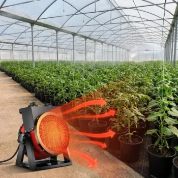 Ngrohës industrial me kontroll të shpejtësisë së rrotullimit të ventilatorit për përshtatjen e qarkullimit të ajrit.